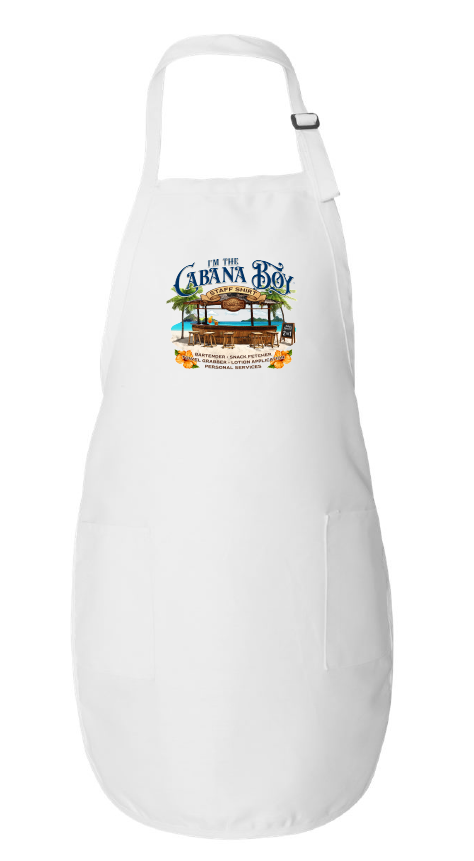 White apron with a colorful graphic design on a white background