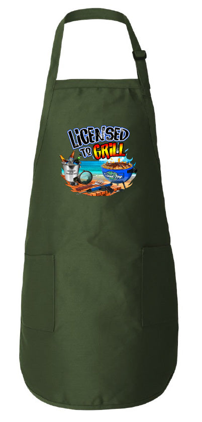 Green apron with a graphic design on a white background