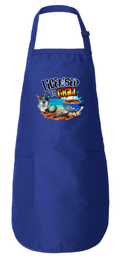 Blue apron with 'Licensed to Grill' graphic on a white background