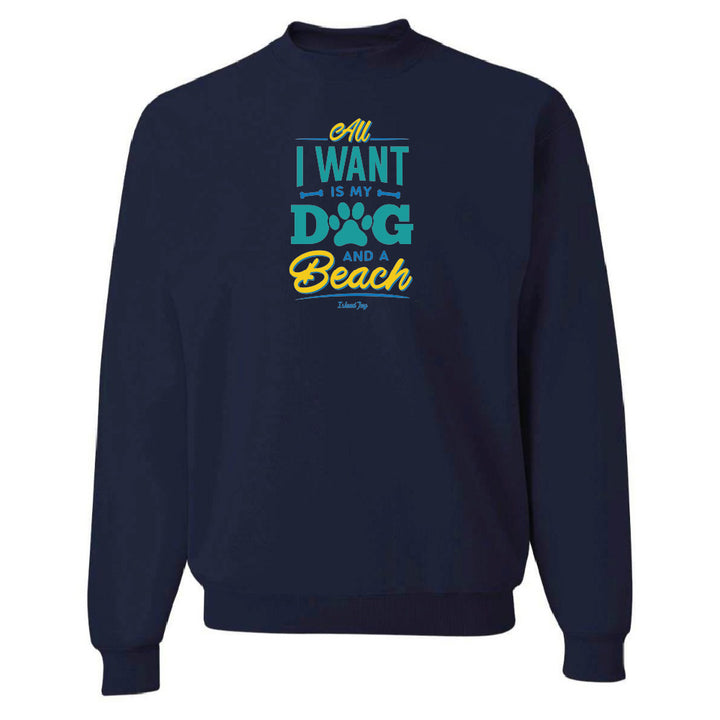 Navy blue sweatshirt with colorful text design on a white background