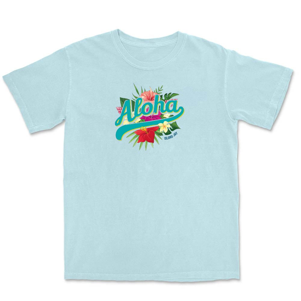 Light blue t-shirt with 'Aloha' design on a white background