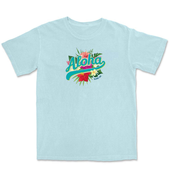 Light blue t-shirt with 'Aloha' design on a white background