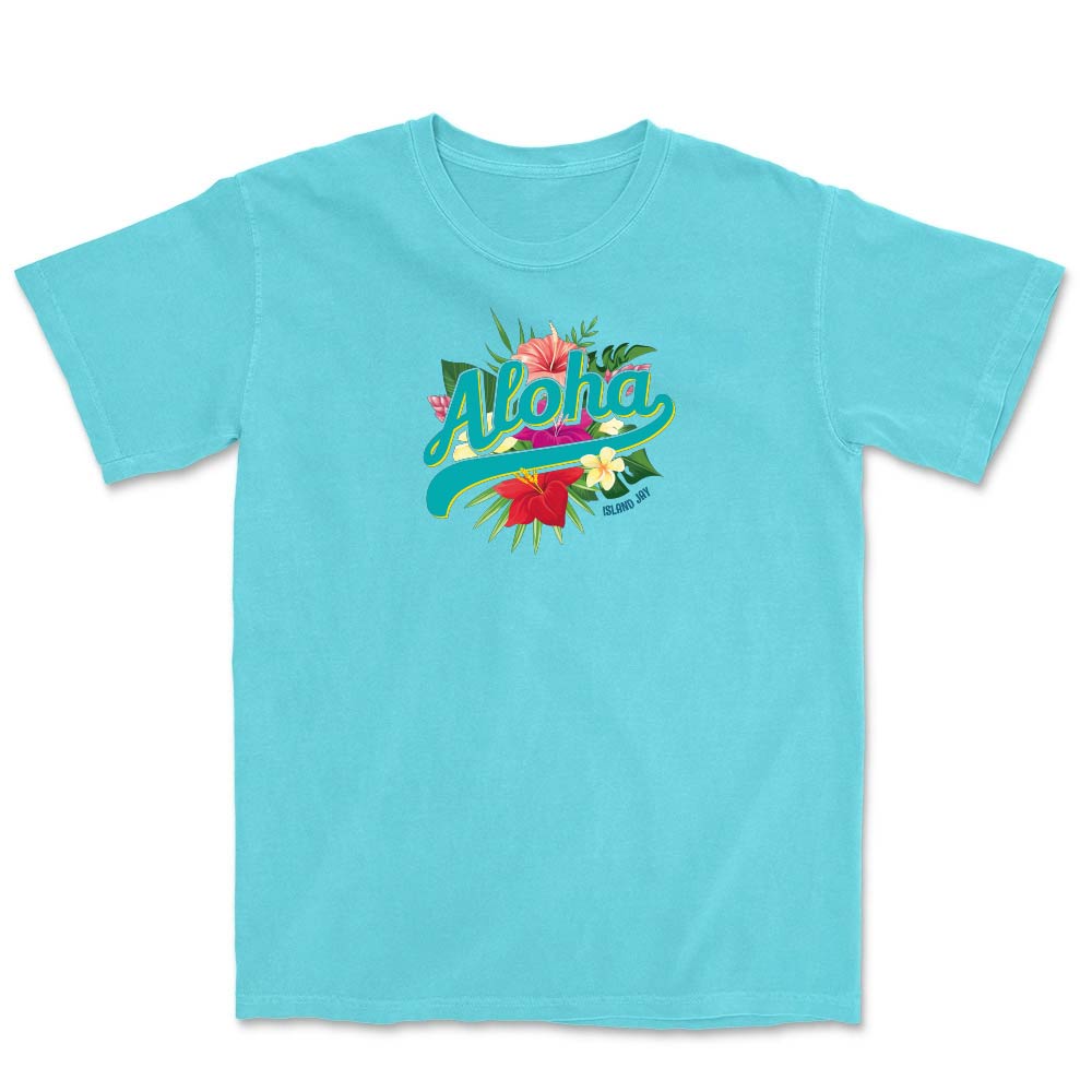 Light blue t-shirt with 'Aloha' design on a white background
