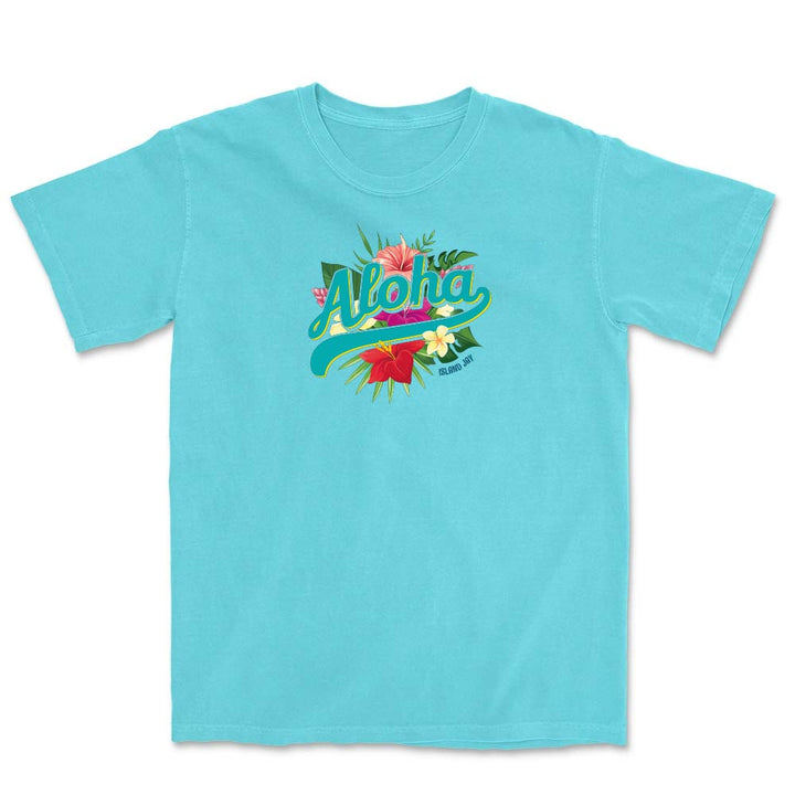 Light blue t-shirt with 'Aloha' design on a white background