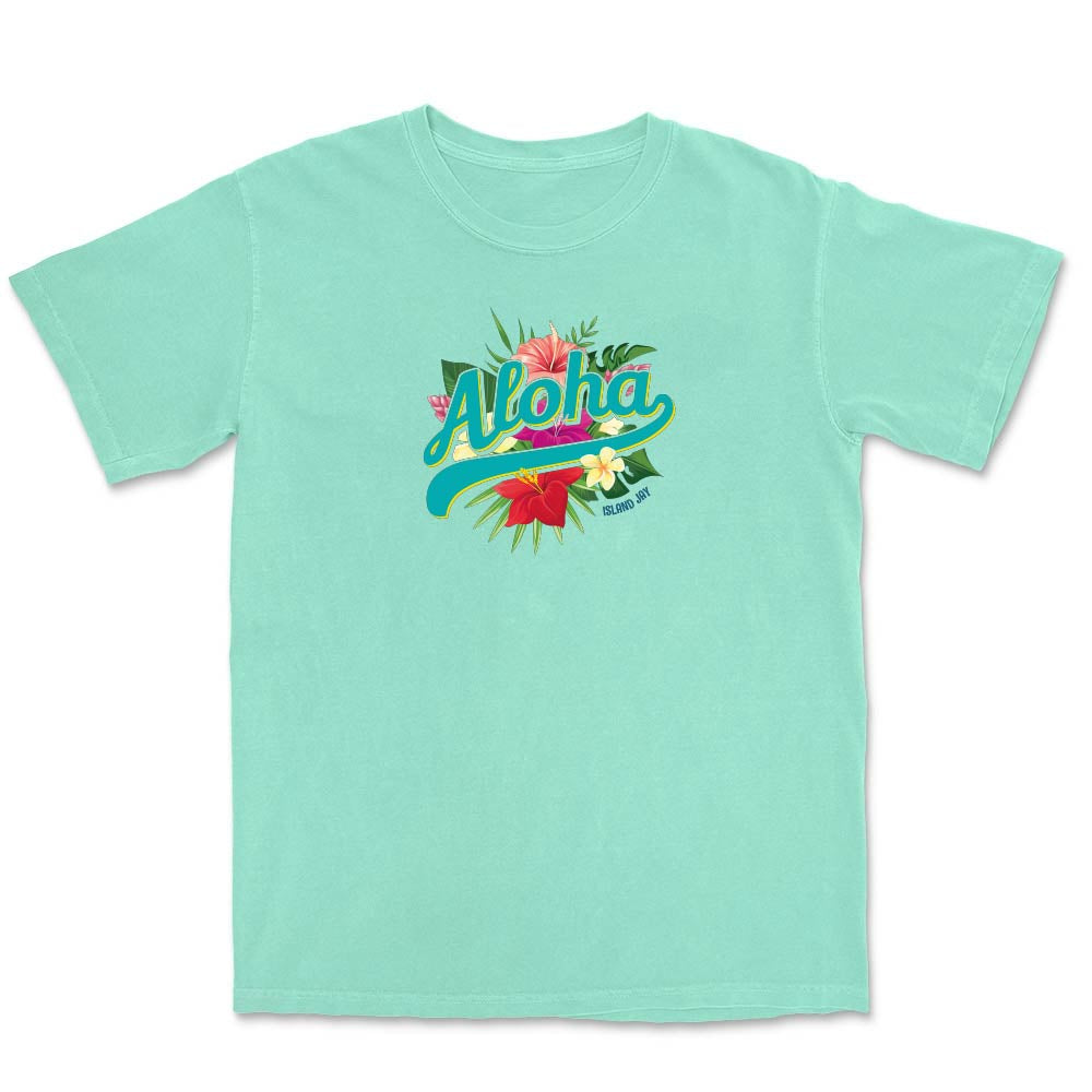 Mint green t-shirt with 'Aloha' design on a white background