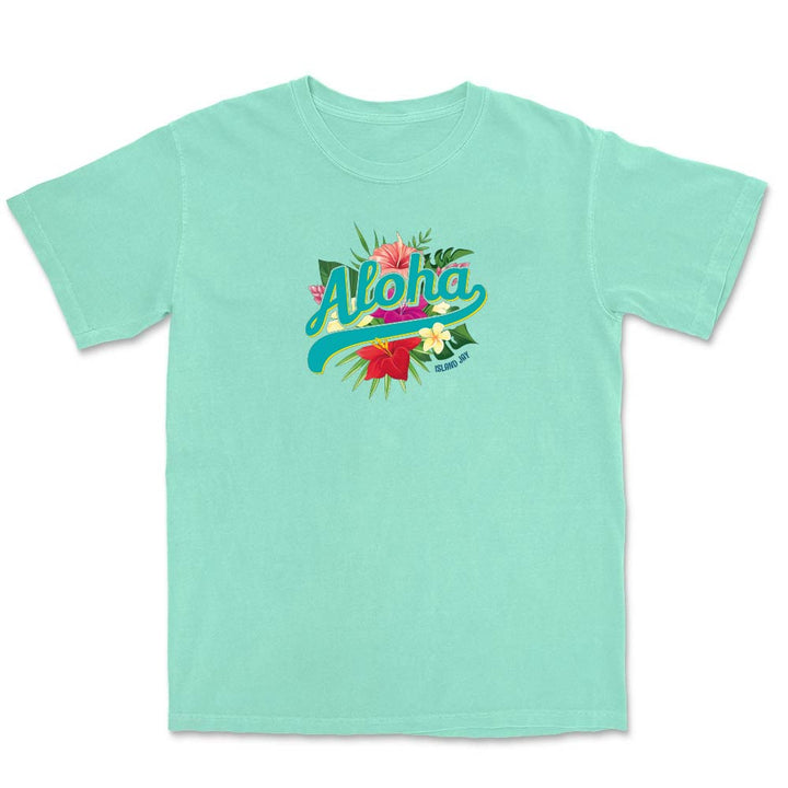 Mint green t-shirt with 'Aloha' design on a white background