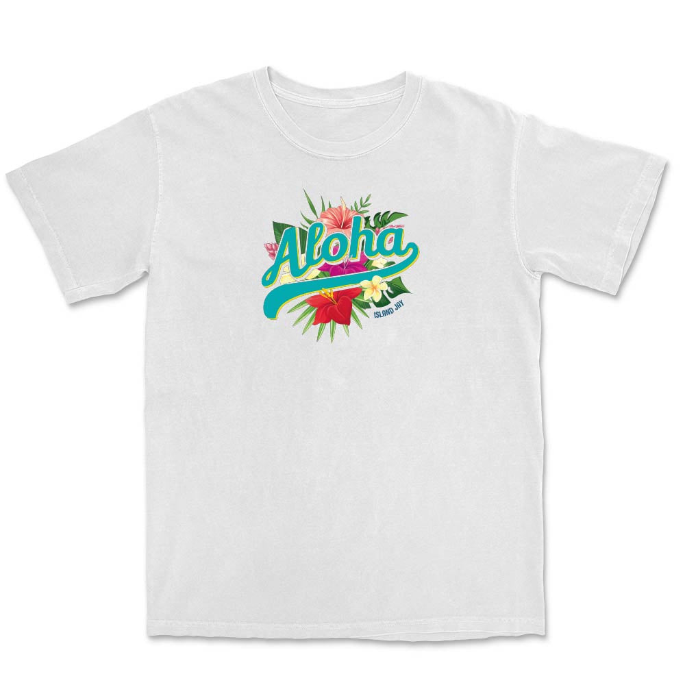White t-shirt with 'Aloha' design featuring flowers on a white background