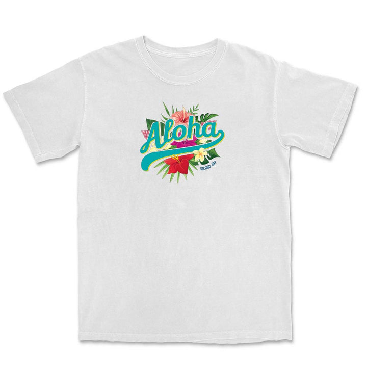 White t-shirt with 'Aloha' design featuring flowers on a white background