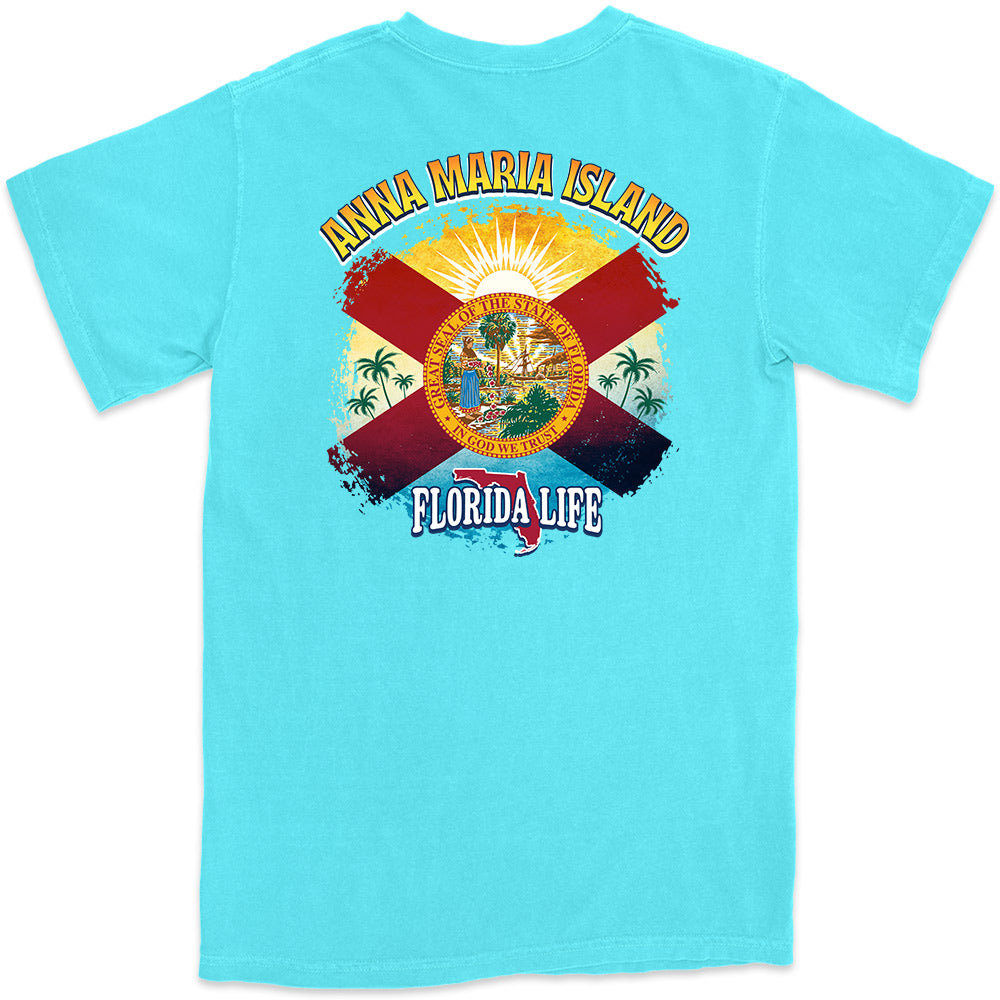 High quality mens beach t-shirt featuring Anna Maria Island with a Florida State Flag 