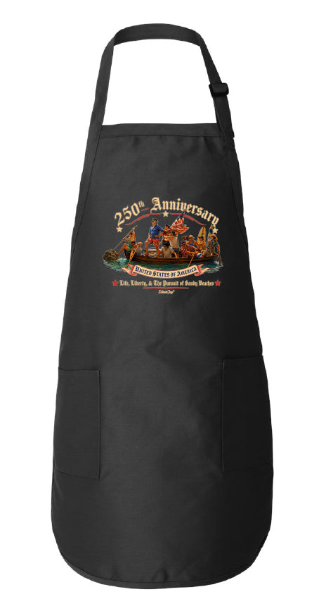Black apron with a colorful graphic design on a white background