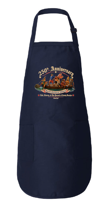 Navy apron with 250th Anniversary design on a white background