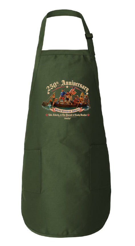 Green apron with a 250th anniversary graphic on a white background