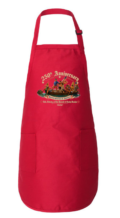 Red apron with a graphic design on a white background