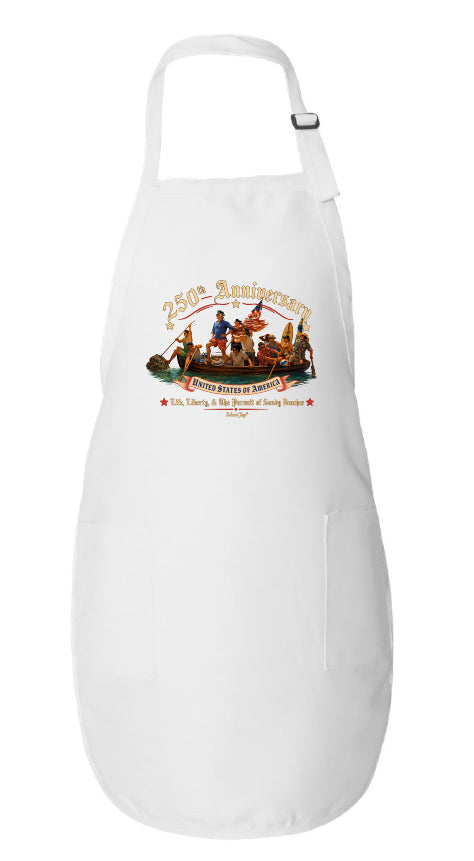 White apron with a graphic design on a white background