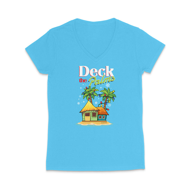 Blue t-shirt with a tropical hut and palm trees design on a white background