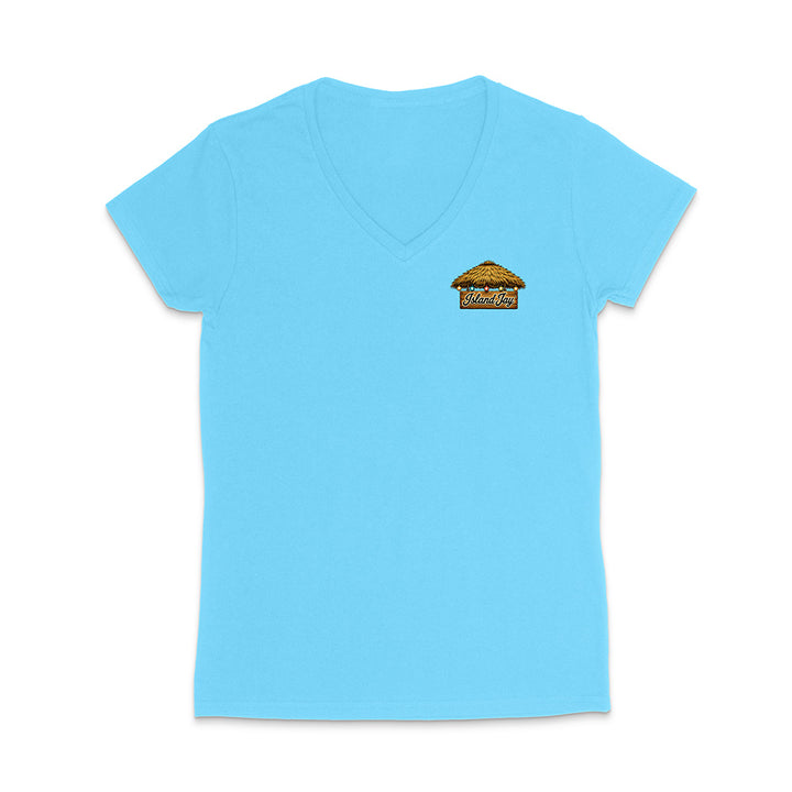 A light blue women's short-sleeve V-neck t-shirt with a small graphic of a thatched-roof hut on the left chest, displayed on a clean white background.