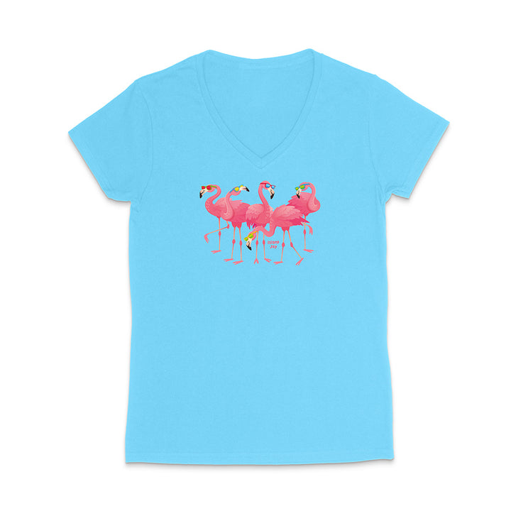 Light blue t-shirt with pink flamingo design on a white background