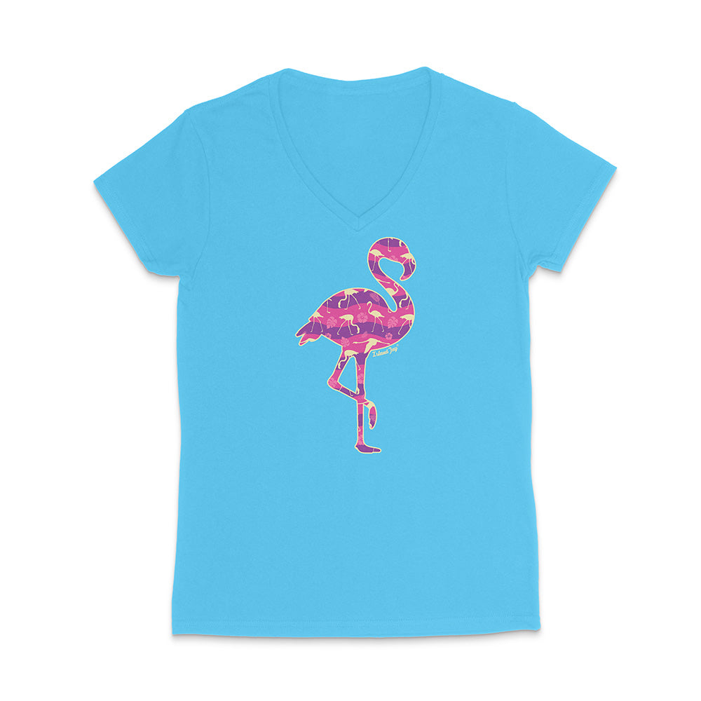 Blue v-neck t-shirt with a colorful flamingo design on a white background