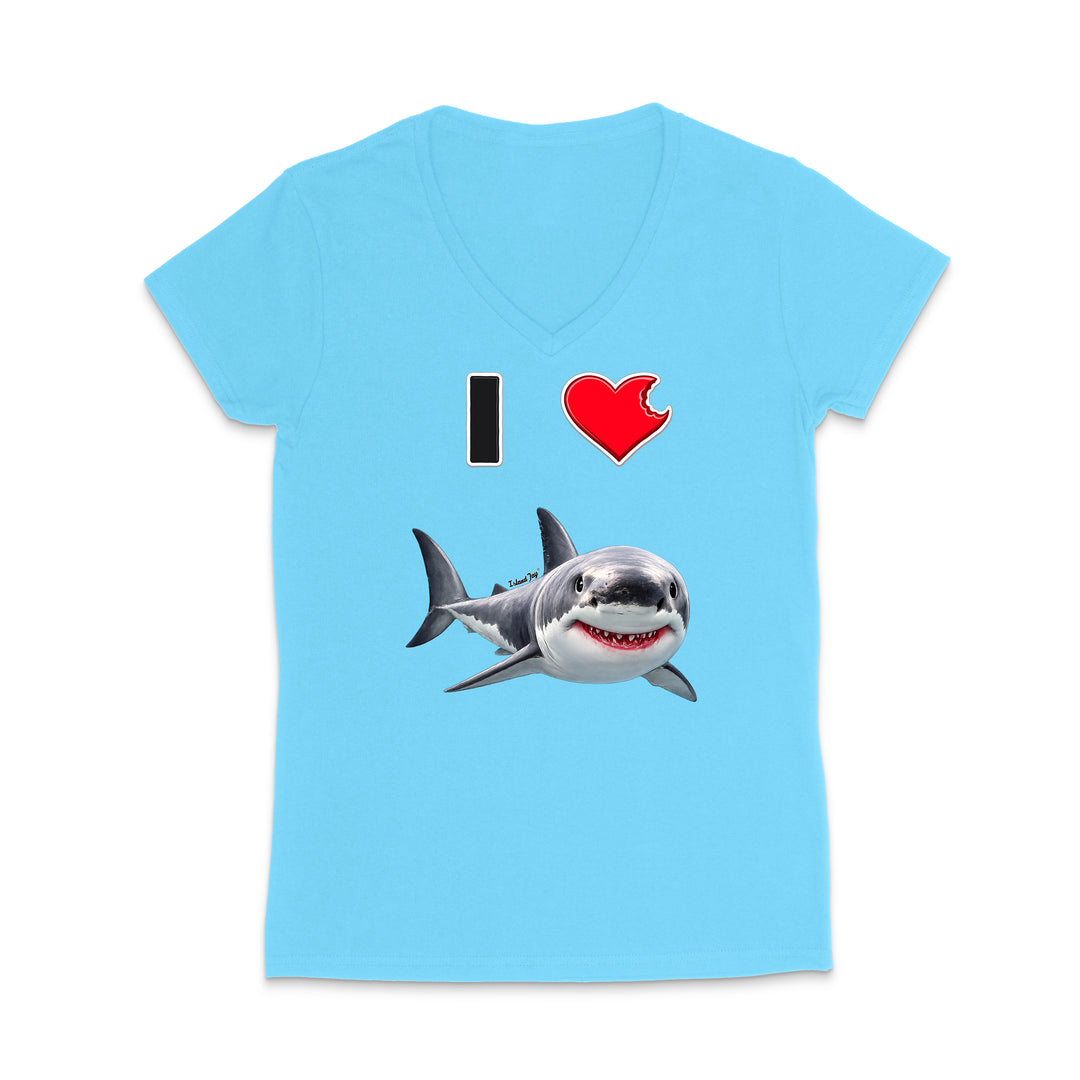 A light blue women's V-neck t-shirt featuring a graphic print of a cartoon shark next to the text 'I' and a red heart.