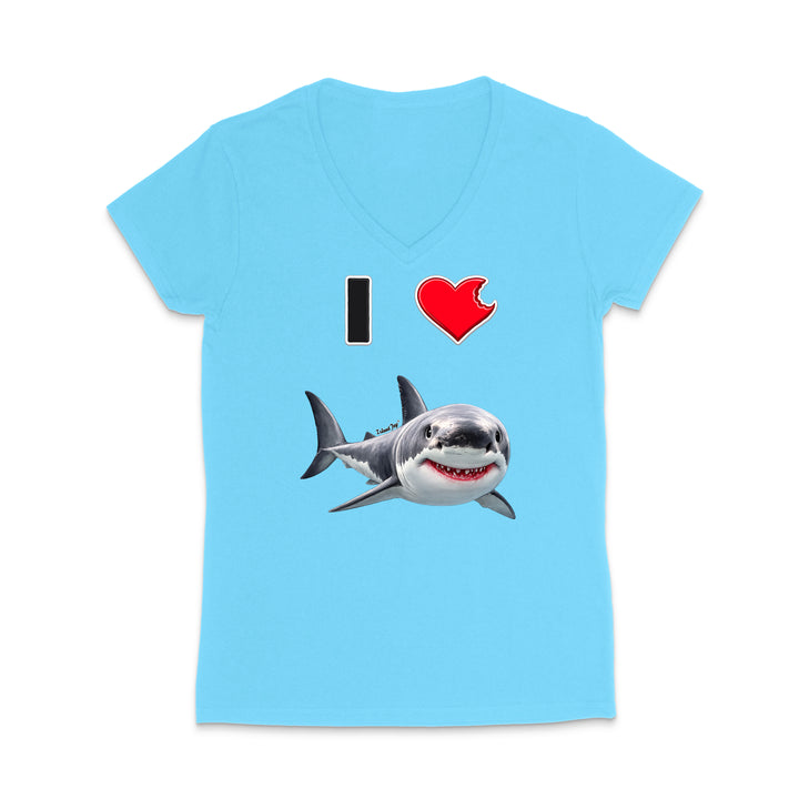 A light blue women's V-neck t-shirt featuring a graphic print of a cartoon shark next to the text 'I' and a red heart.
