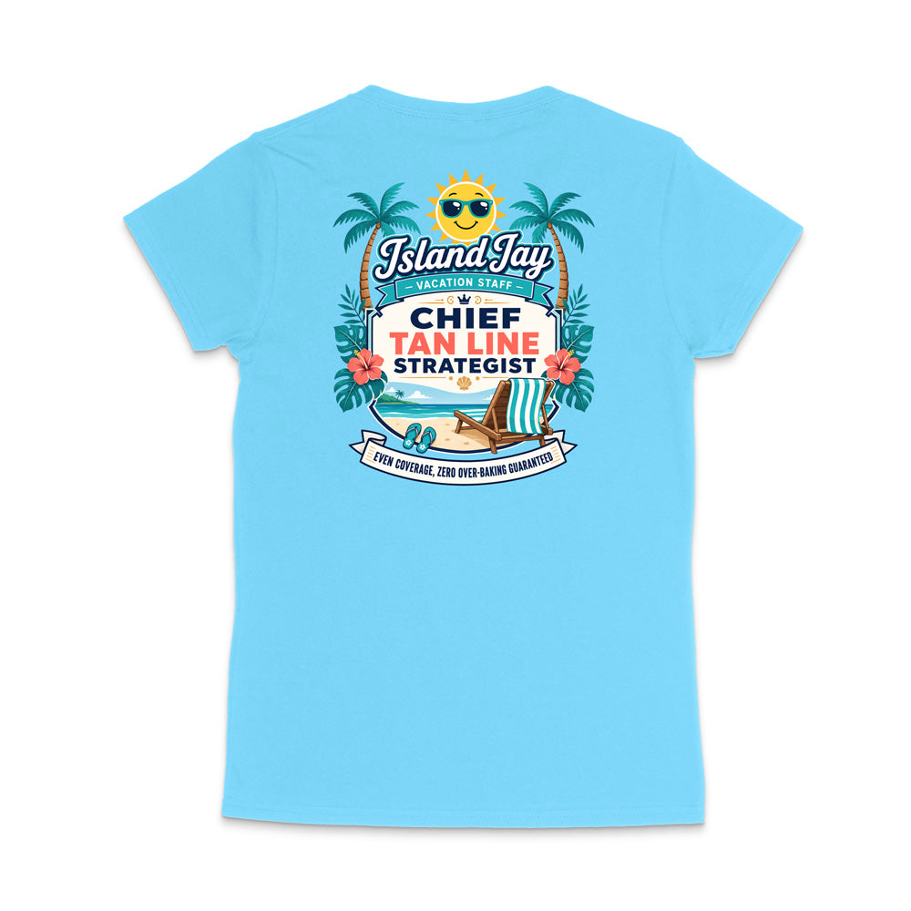 A light blue short-sleeve t-shirt shown from the back, featuring a colorful graphic print with palm trees, a sun, and text that reads 'Island Jay' and 'Chief Tan Line Strategist'.