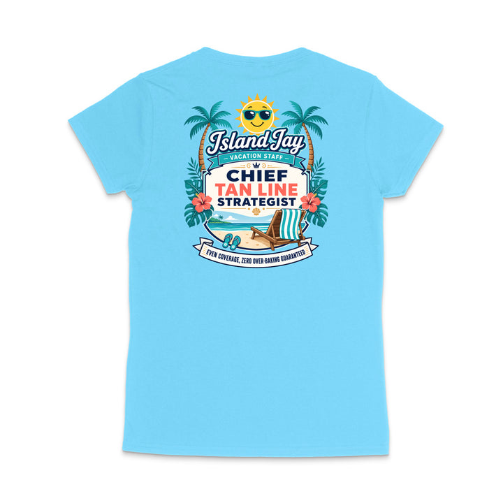 A light blue short-sleeve t-shirt shown from the back, featuring a colorful graphic print with palm trees, a sun, and text that reads 'Island Jay' and 'Chief Tan Line Strategist'.