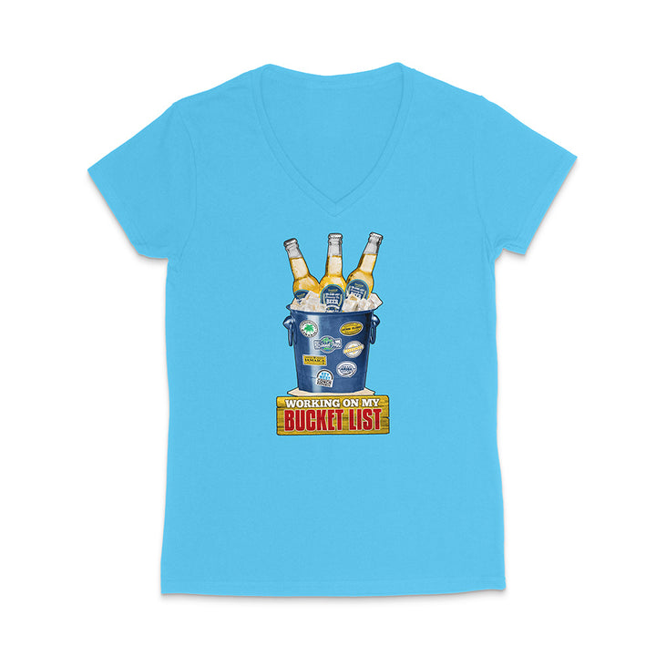 Blue t-shirt with a graphic of a beer bucket with graphic text reading 'Working on my Bucket List' on a white background.