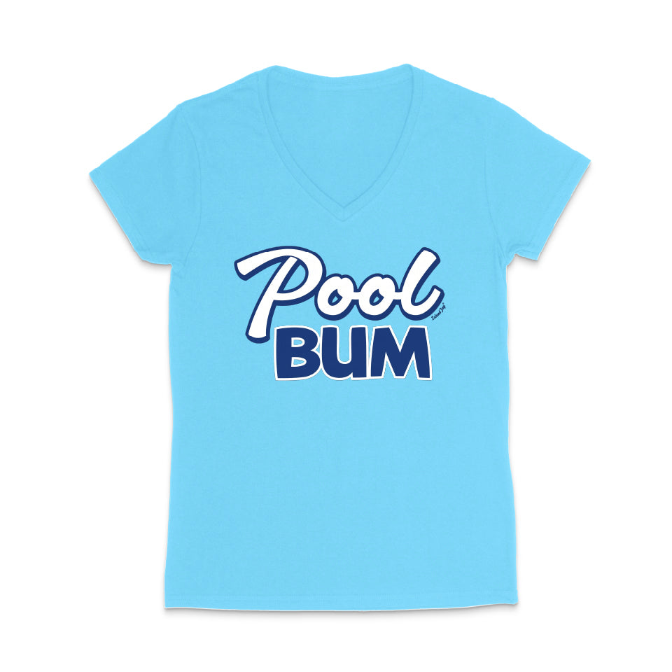 Light blue t-shirt with 'Pool Bum' text on a white background