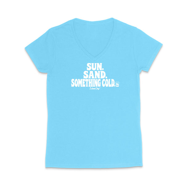 A light blue women's V-neck t-shirt with a white graphic text print reading 'SUN. SAND. Something cold