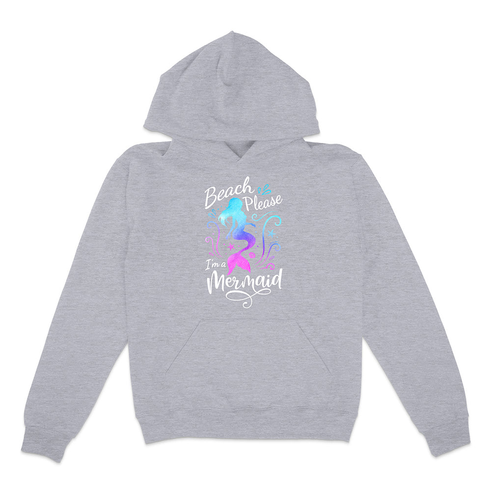 Gray hoodie with mermaid design and text on a white background