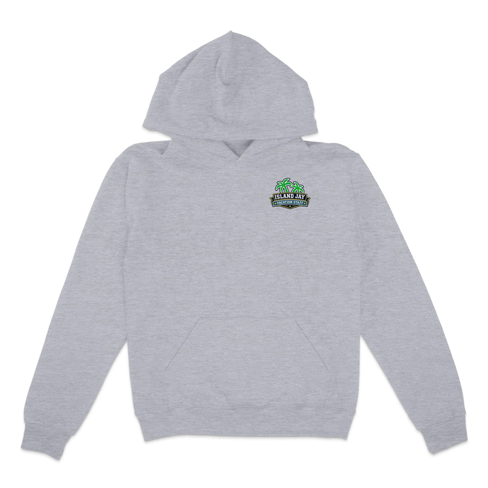 A light heather gray pullover hoodie with a small green and black graphic on the left chest that reads 'STAND FOR JUSTICE' with a palm tree design, displayed on a solid white background.