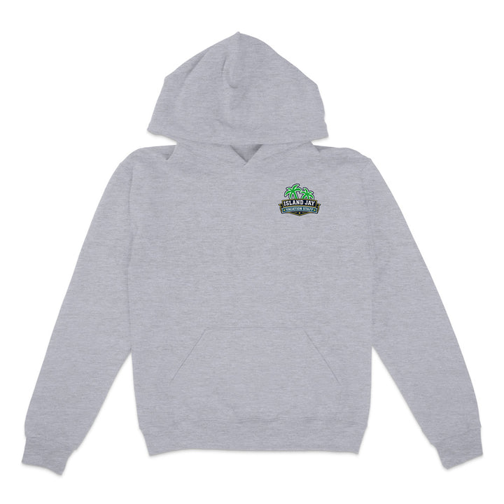 A light heather gray pullover hoodie with a small green and black graphic on the left chest that reads 'STAND FOR JUSTICE' with a palm tree design, displayed on a solid white background.