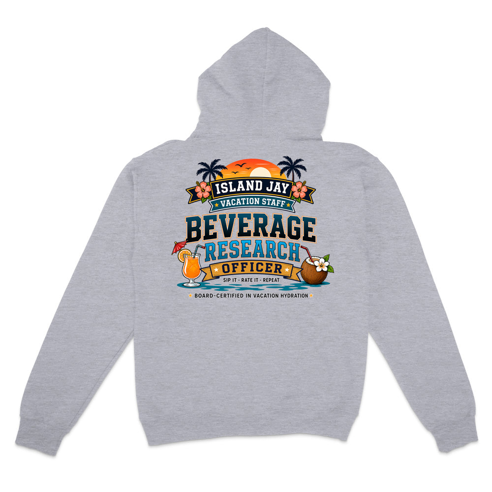 A light heather gray hoodie shown from the back, featuring a colorful graphic print with tropical island illustrations and the text 'ISLAND JAY BEVERAGE RESEARCH OFFICER'.