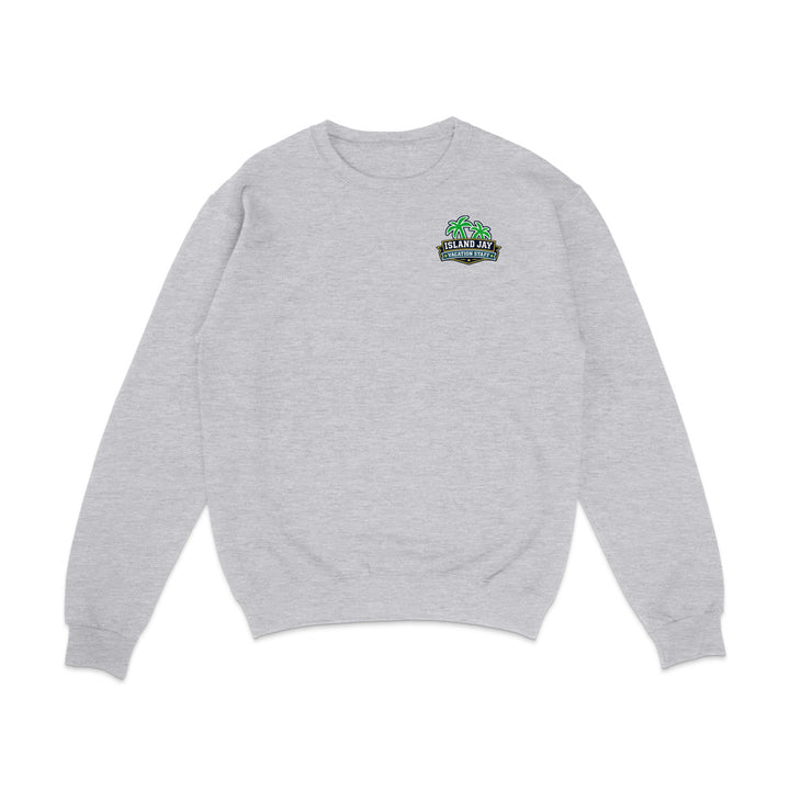 A light heather gray crewneck sweatshirt with a small graphic on the left chest featuring green palm trees and a sign that reads 'SUNSET BEACH'.