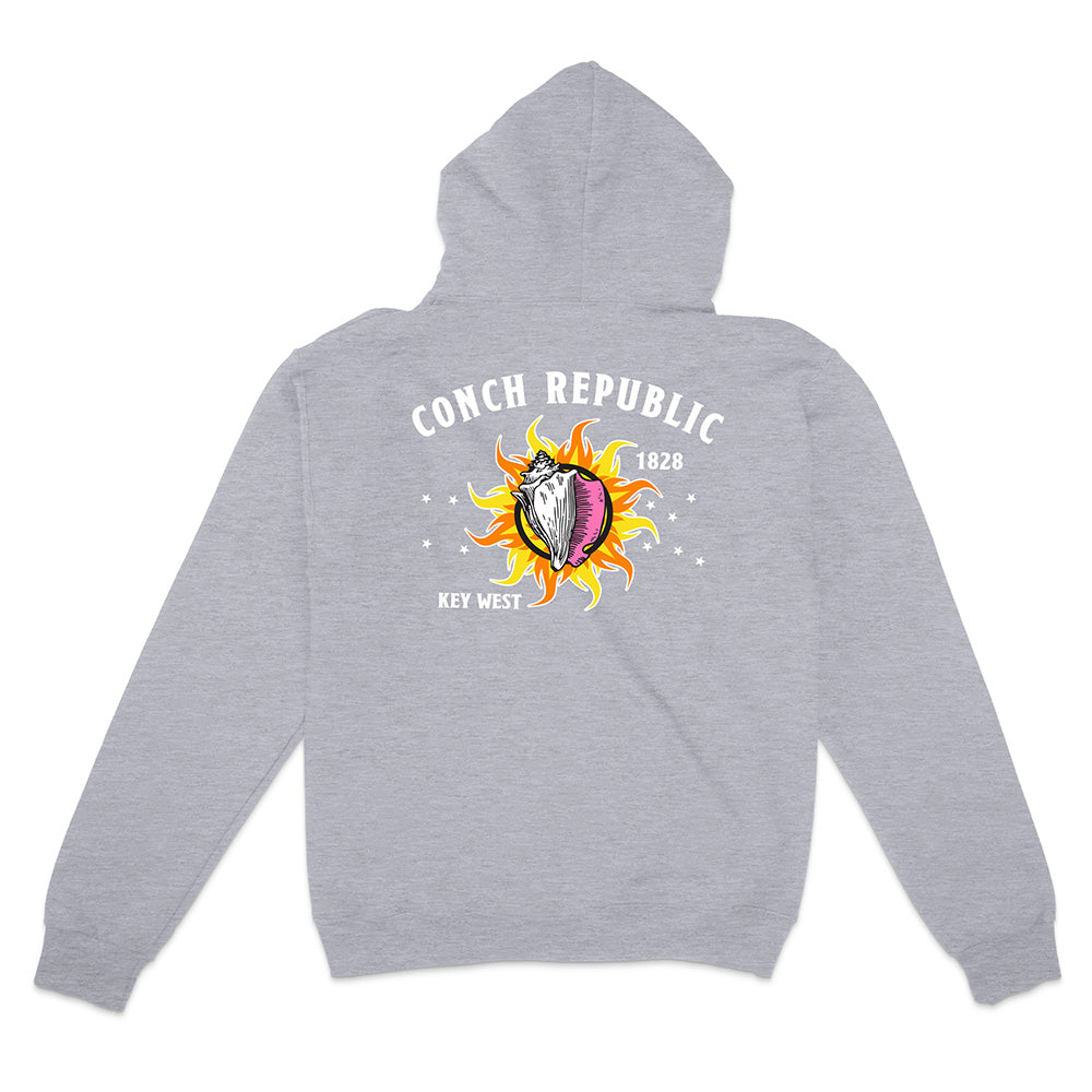 Grey Hoodie with Key West Flag Graphic text reading "Conch Republic Key West 1828" on a white background.