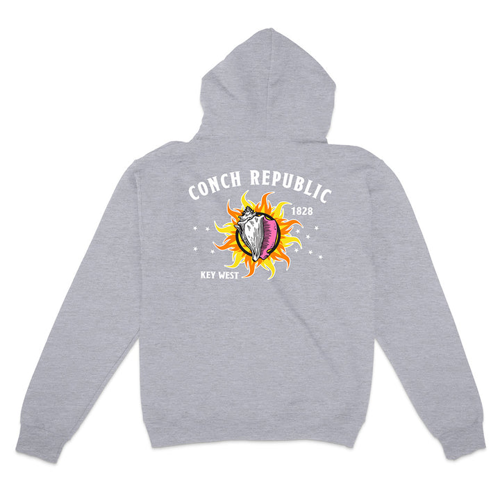 Grey Hoodie with Key West Flag Graphic text reading "Conch Republic Key West 1828" on a white background.