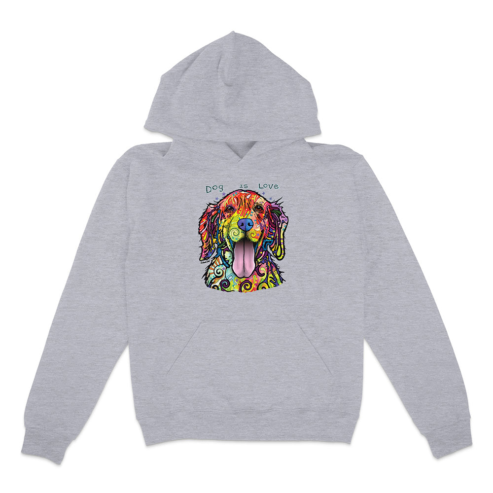Gray hoodie with a colorful dog illustration and 'Dog is Love' text on a white background