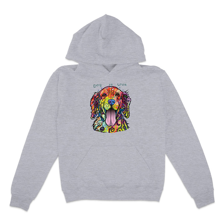 Gray hoodie with a colorful dog illustration and 'Dog is Love' text on a white background