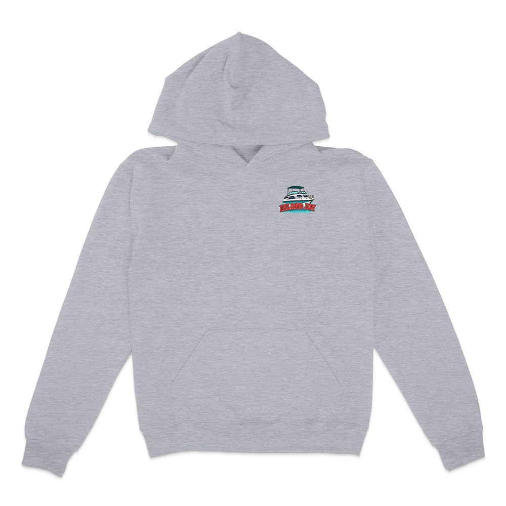 A light heather gray pullover hoodie with a small chest graphic depicting a sailboat and the text 'ISLAND DAY'. The hoodie is displayed flat against a solid white background.