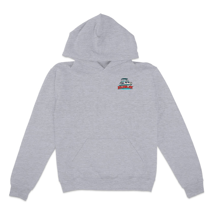 A light heather gray pullover hoodie with a small chest graphic depicting a sailboat and the text 'ISLAND DAY'. The hoodie is displayed flat against a solid white background.