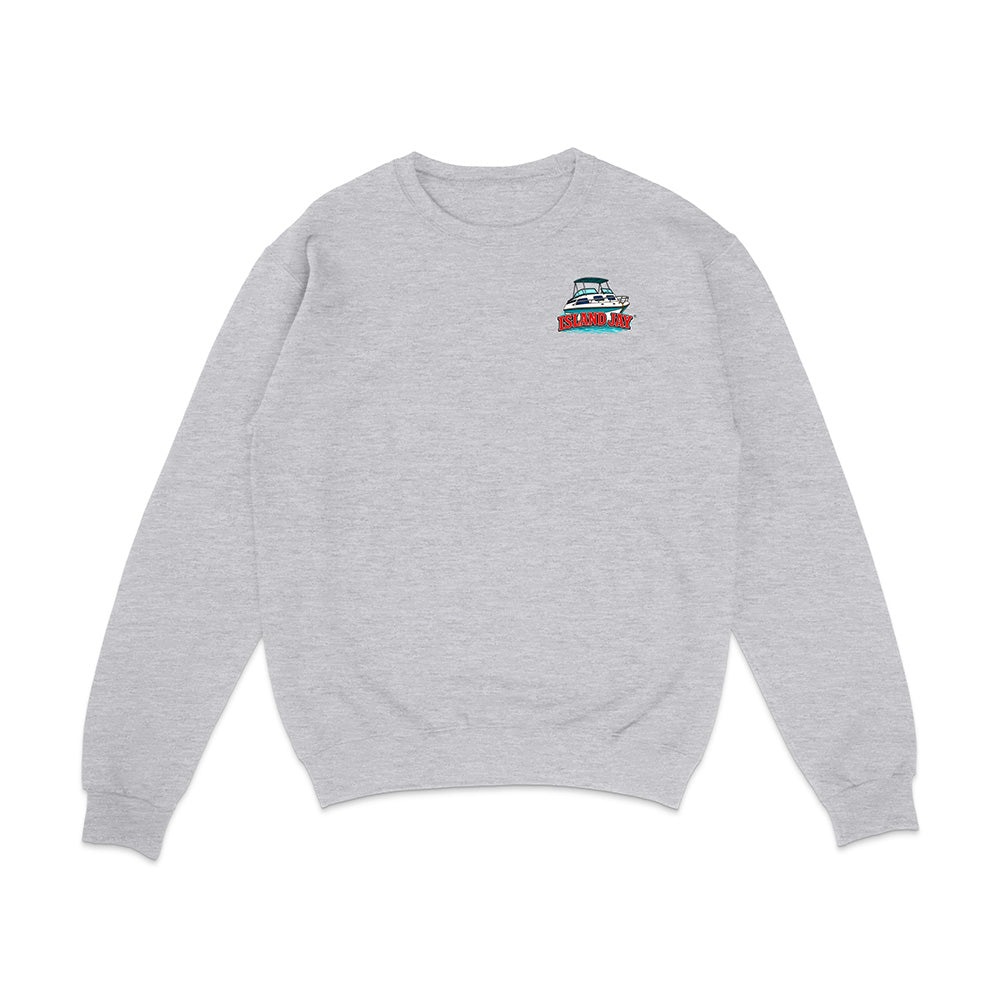 A light heather gray crewneck sweatshirt with a small graphic of a red and blue boat on the left chest, displayed on a clean white background.