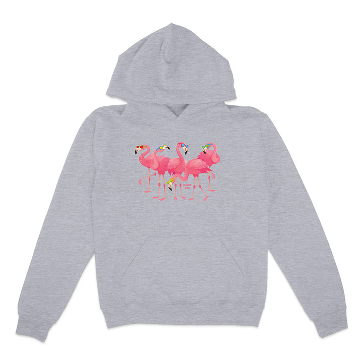 Gray hoodie with pink flamingo design on a white background