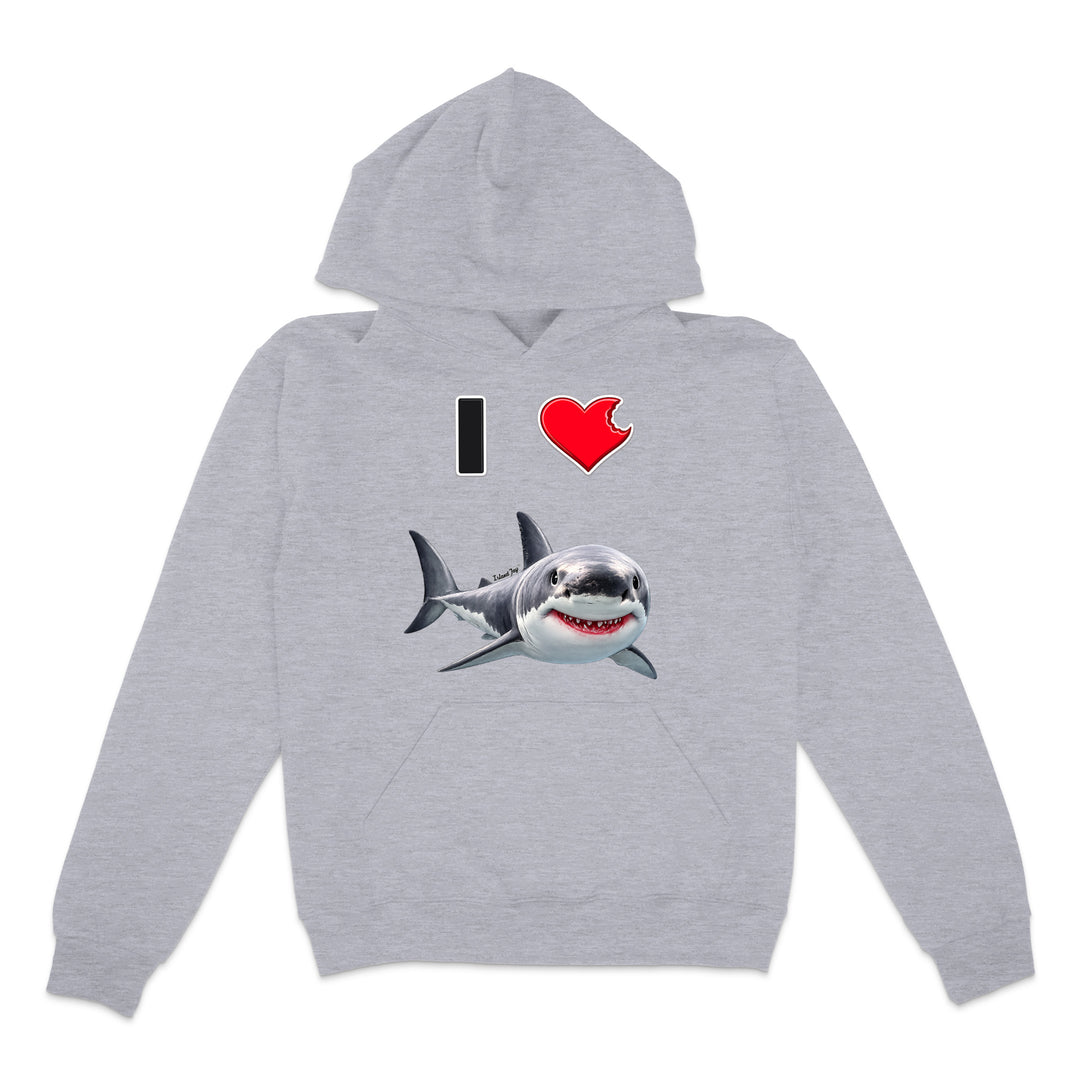 A light heather gray pullover hoodie featuring a graphic print on the front with a black bar, a red heart, and a cartoon shark.