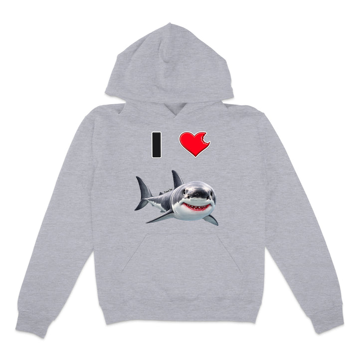 A light heather gray pullover hoodie featuring a graphic print on the front with a black bar, a red heart, and a cartoon shark.