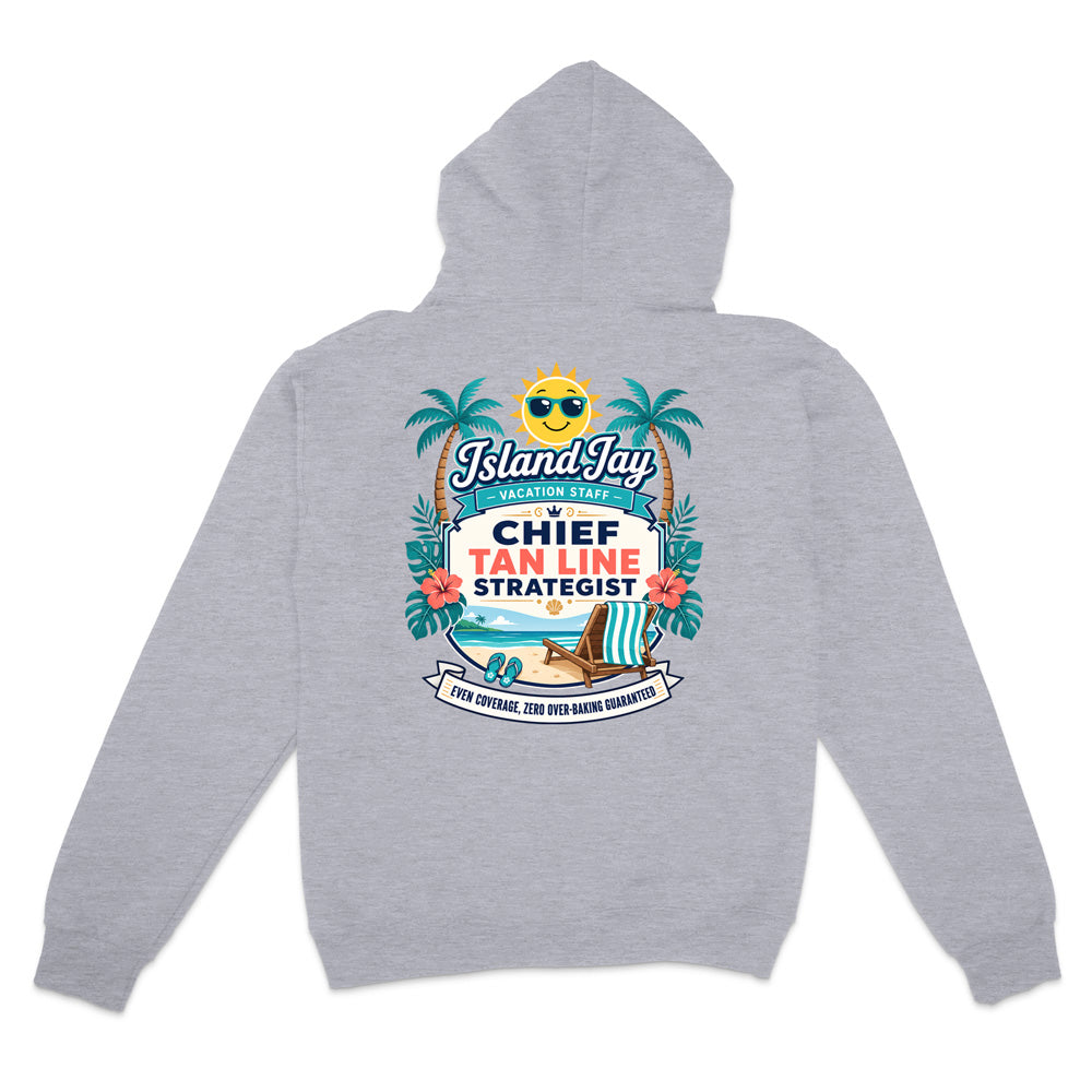 A light heather gray hoodie shown from the back, featuring a colorful graphic print with palm trees, a smiling sun wearing sunglasses, a beach chair, and the text 'IslandJay' and 'CHIEF TAN LINE STRATEGIST'.