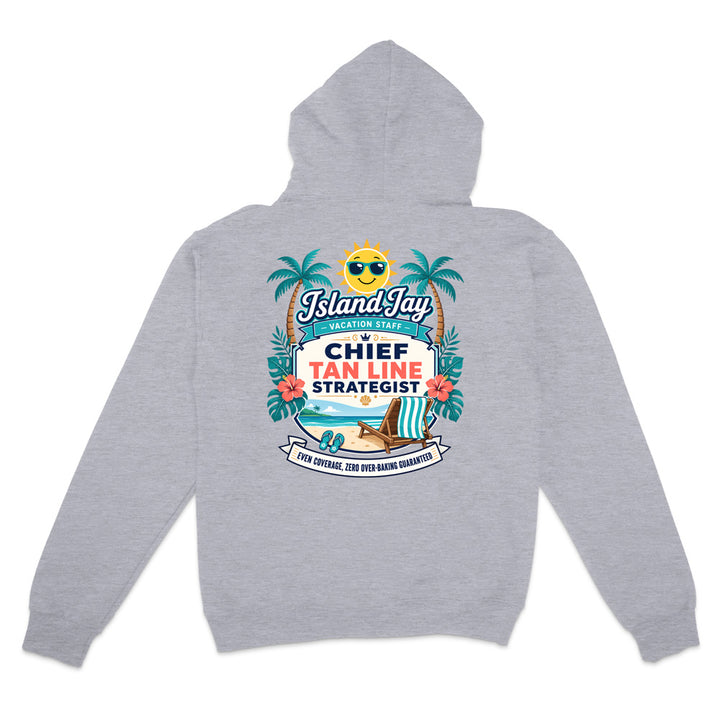 A light heather gray hoodie shown from the back, featuring a colorful graphic print with palm trees, a smiling sun wearing sunglasses, a beach chair, and the text 'IslandJay' and 'CHIEF TAN LINE STRATEGIST'.