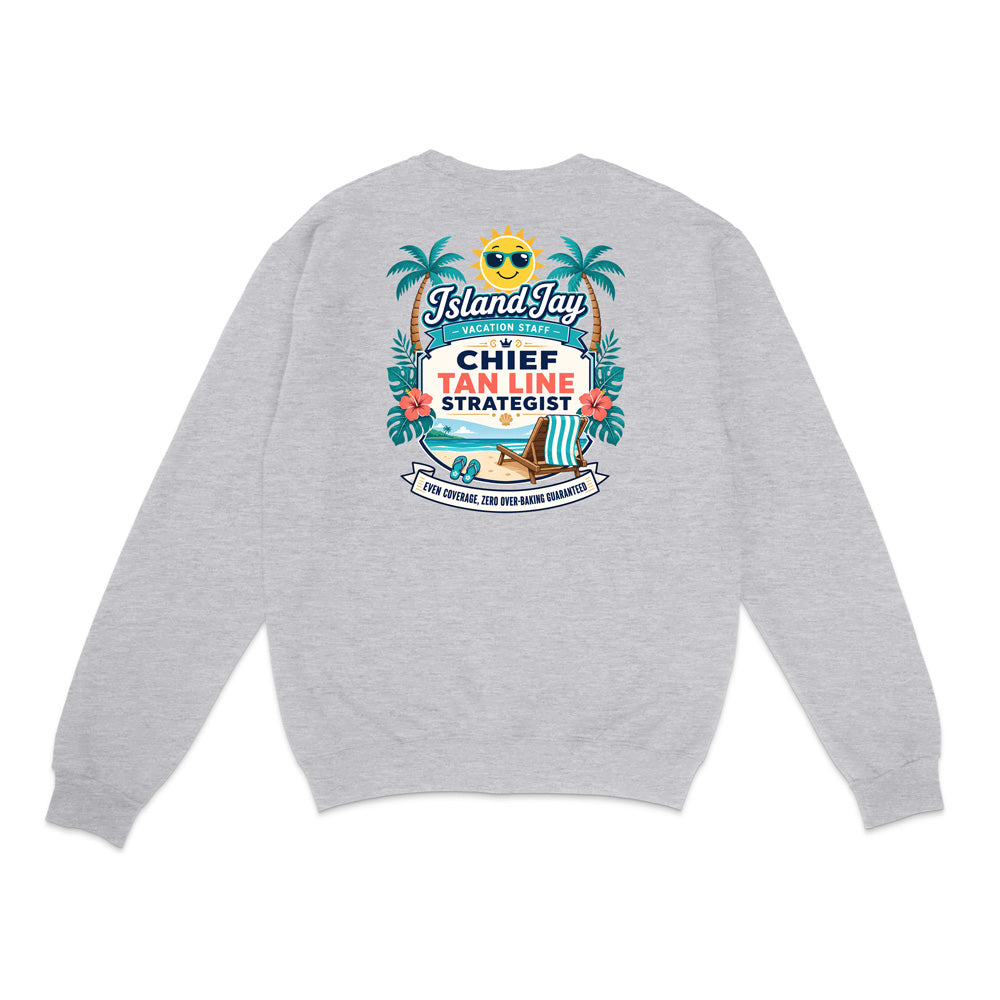 A light heather gray crewneck sweatshirt shown from the back, featuring a colorful graphic print with palm trees, a beach chair, and text that reads 'IslandJaz Chief Tan Line Strategist'.