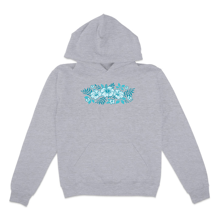 Gray hoodie with a blue floral design on a white background