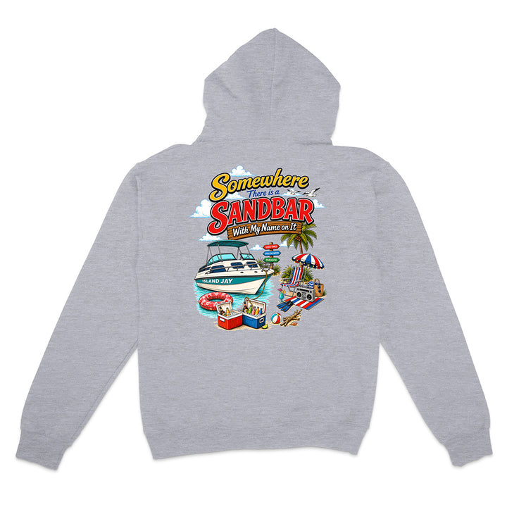 A light heather gray hoodie shown from the back, featuring a colorful graphic print with the text 'Somewhere in Sandbar, My Name Is Jim' and illustrations of a boat, beach umbrella, palm tree, and summer beach scene.