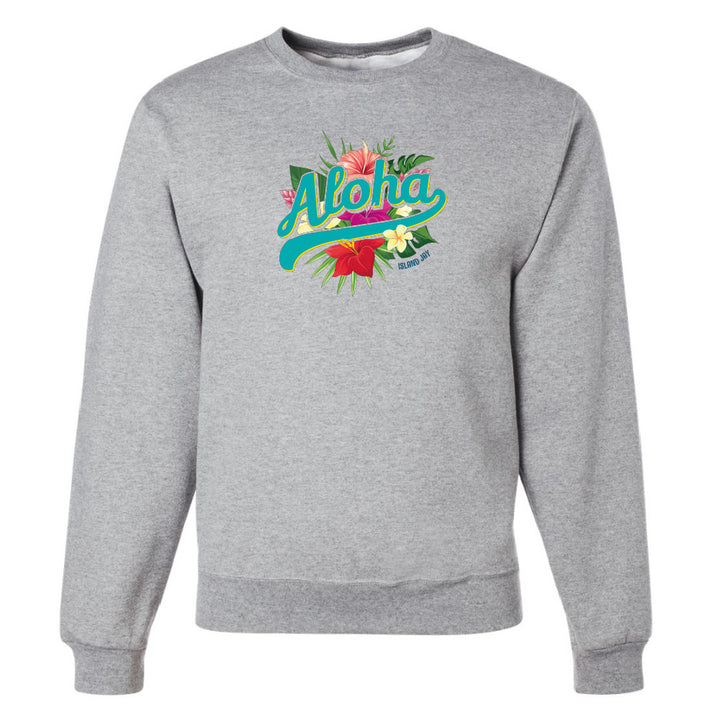 Gray sweatshirt with 'Aloha' graphic design on a white background